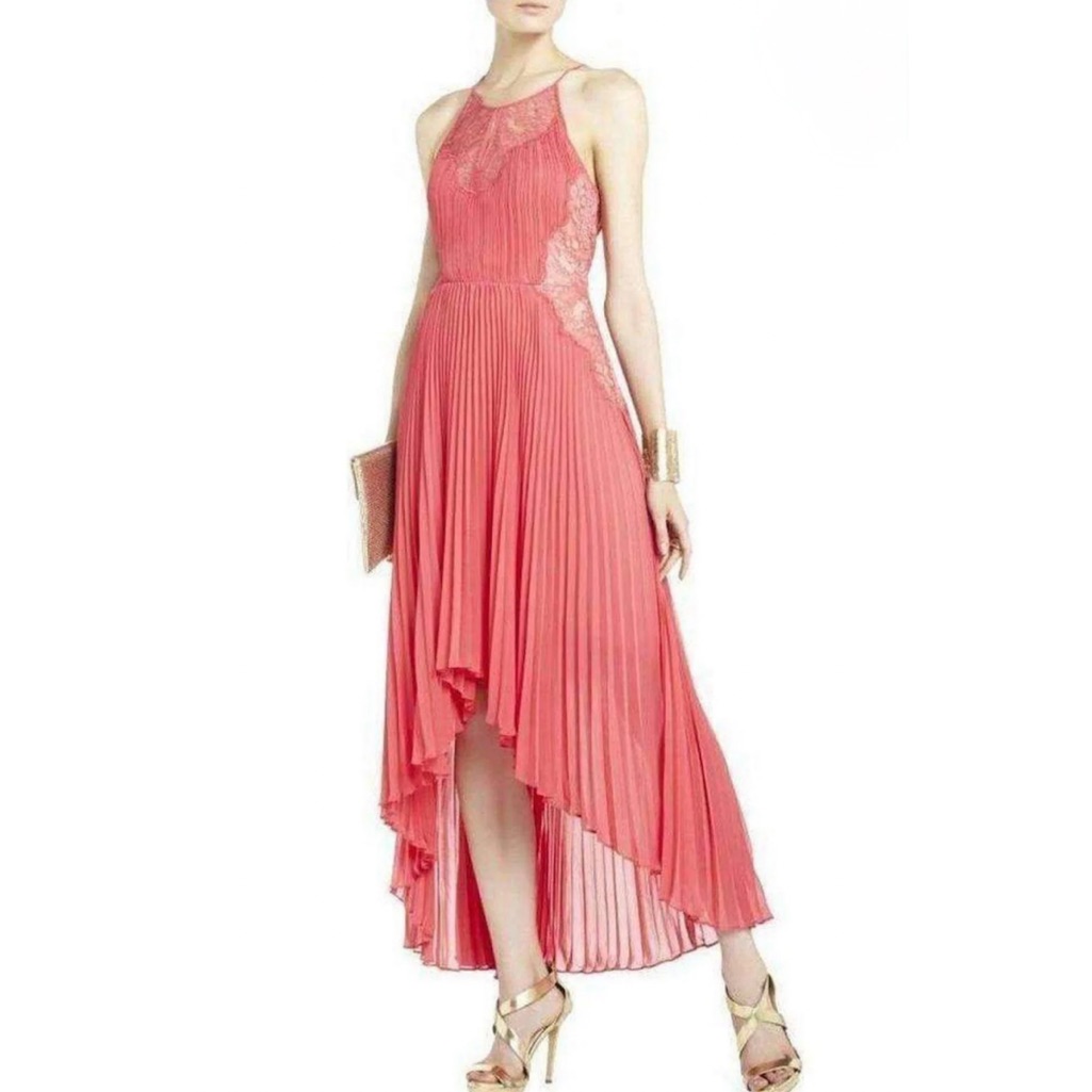 Bcbgmaxazria Maryella Coral Pleat Lace Dress Size 8 Halter Sleeveless Wedding